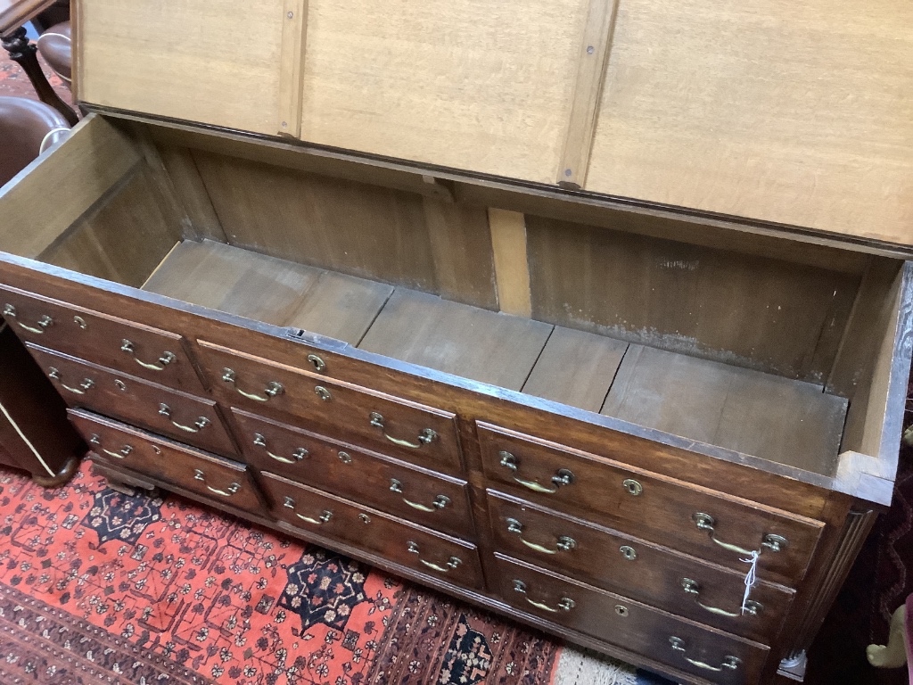 A late 18th century oak and mahogany crossbanded mule chest